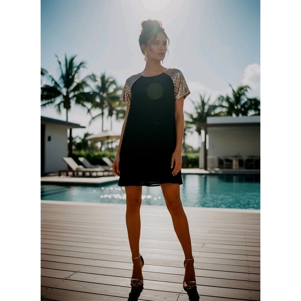 Black Mini Dress With Gold Sequin Sleeves Size S | Tobi